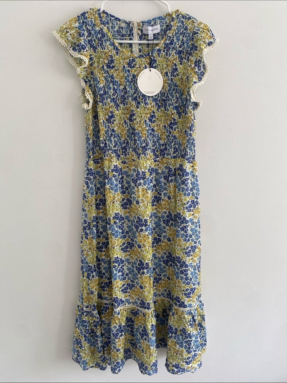 Lost + Wander Smocked Bodice S/S Blossom & Bloom Blue Yellow Floral Dress Sz L